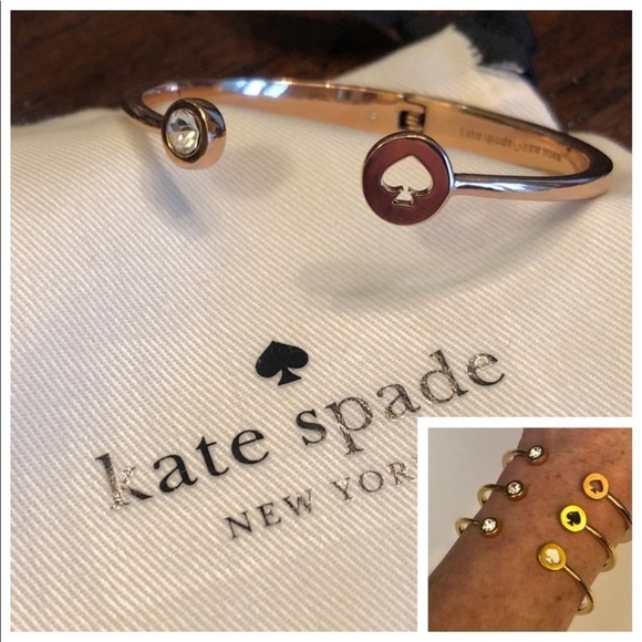 Kate Spade Signature Hinged Cuff Bracelet Spade Logo Cut Out Clear Stone Dot EUC - Picture 4 of 9